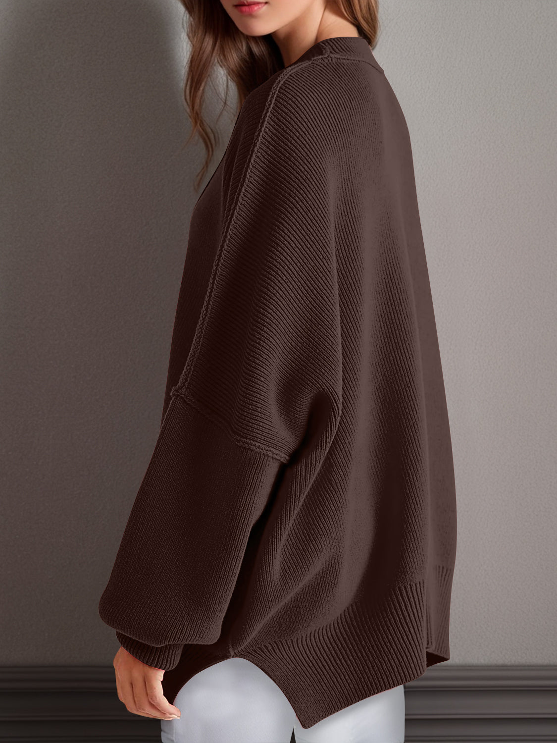Double Take Side Slit Round Neck Long Sleeve Sweater - The Daily Makeover