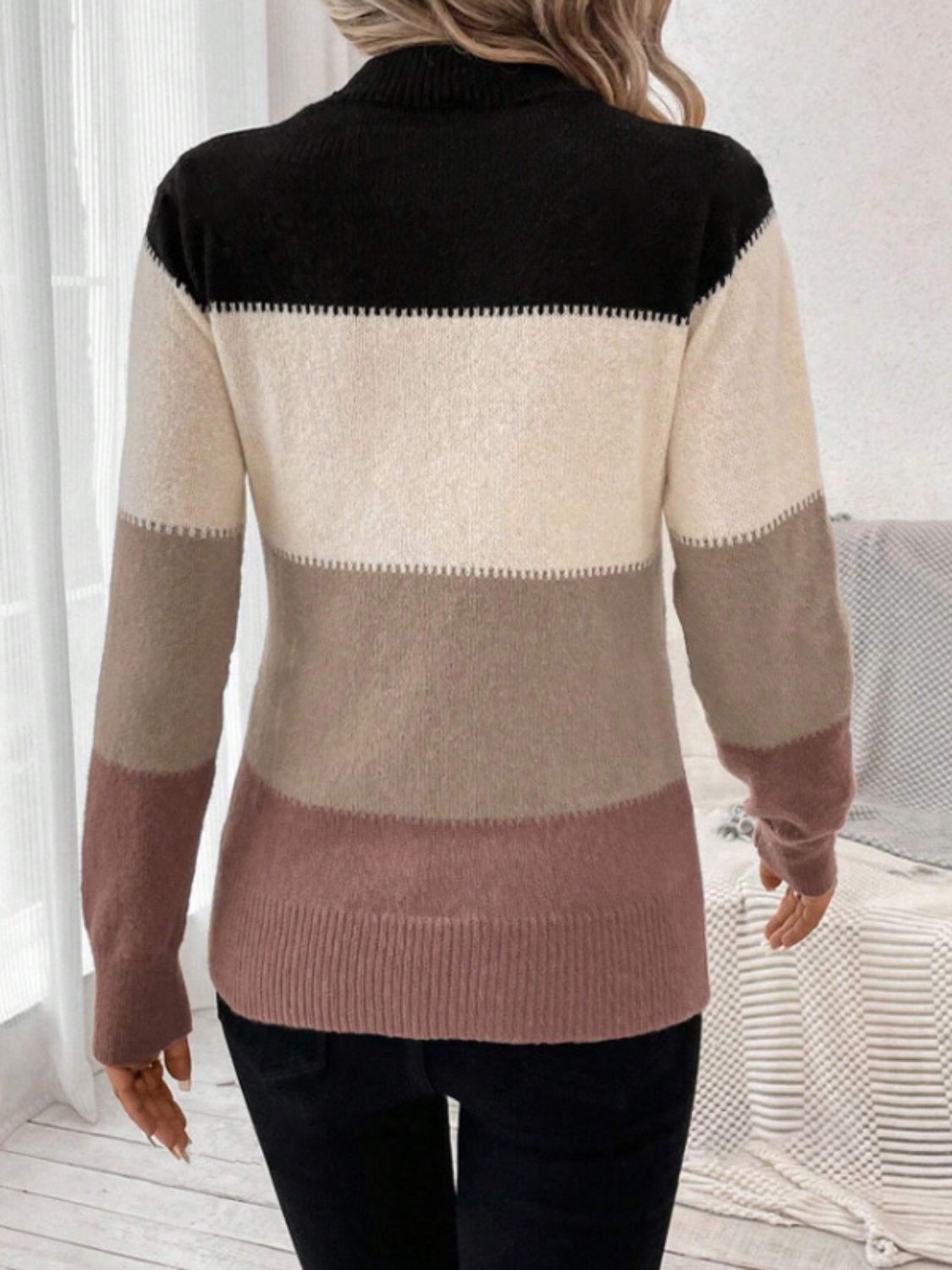 Color Block Mock Neck Long Sleeve Sweater - The Daily Makeover