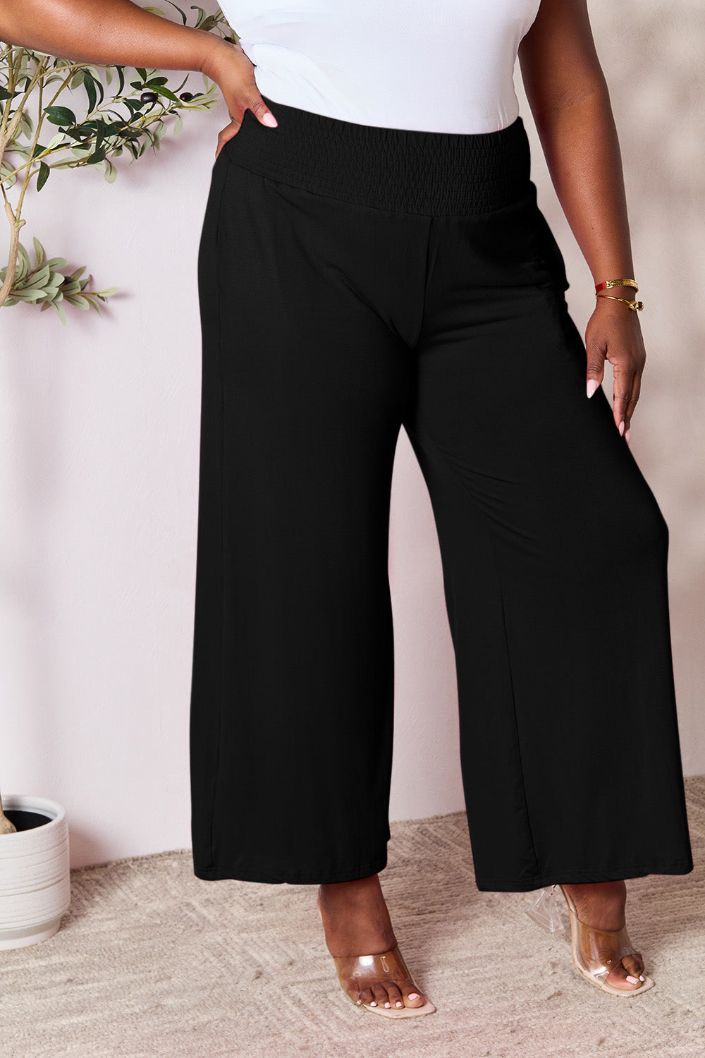 Double Take Full Size Smocked Wide Waistband Wide Leg Pants - The Daily Makeover