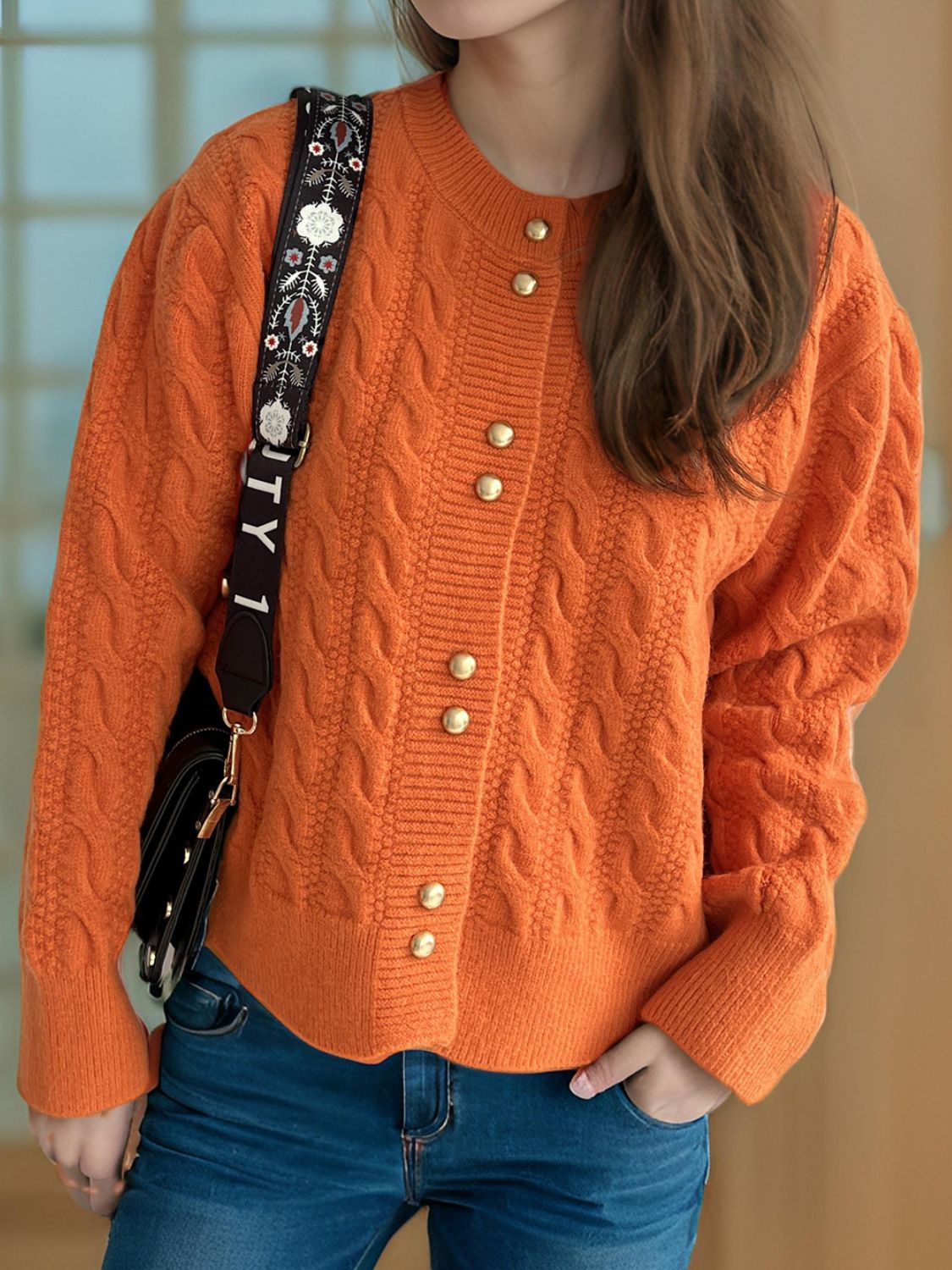 Cable-Knit Round Neck Long Sleeve Cardigan - The Daily Makeover