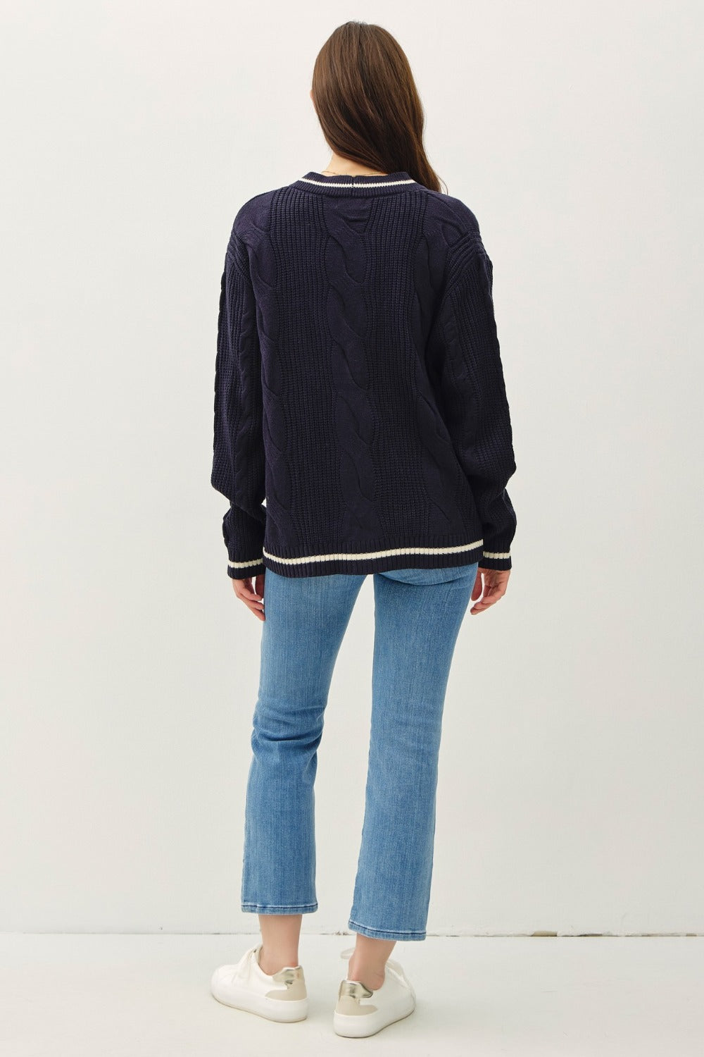 Be Cool Contrast Trim Cable-Knit V-Neck Cardigan - The Daily Makeover