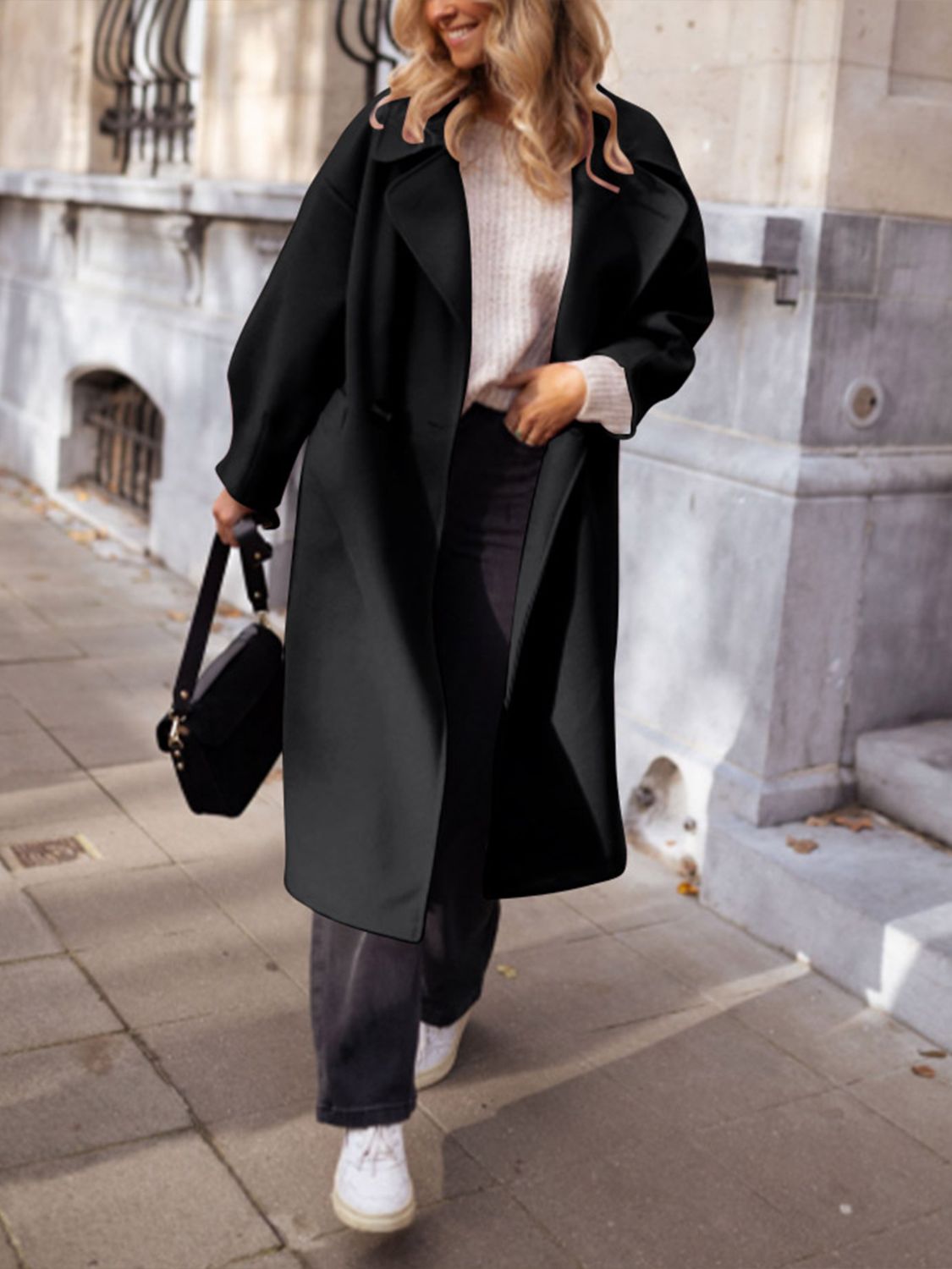 Pocketed Collared Neck Long Sleeve Coat - The Daily Makeover