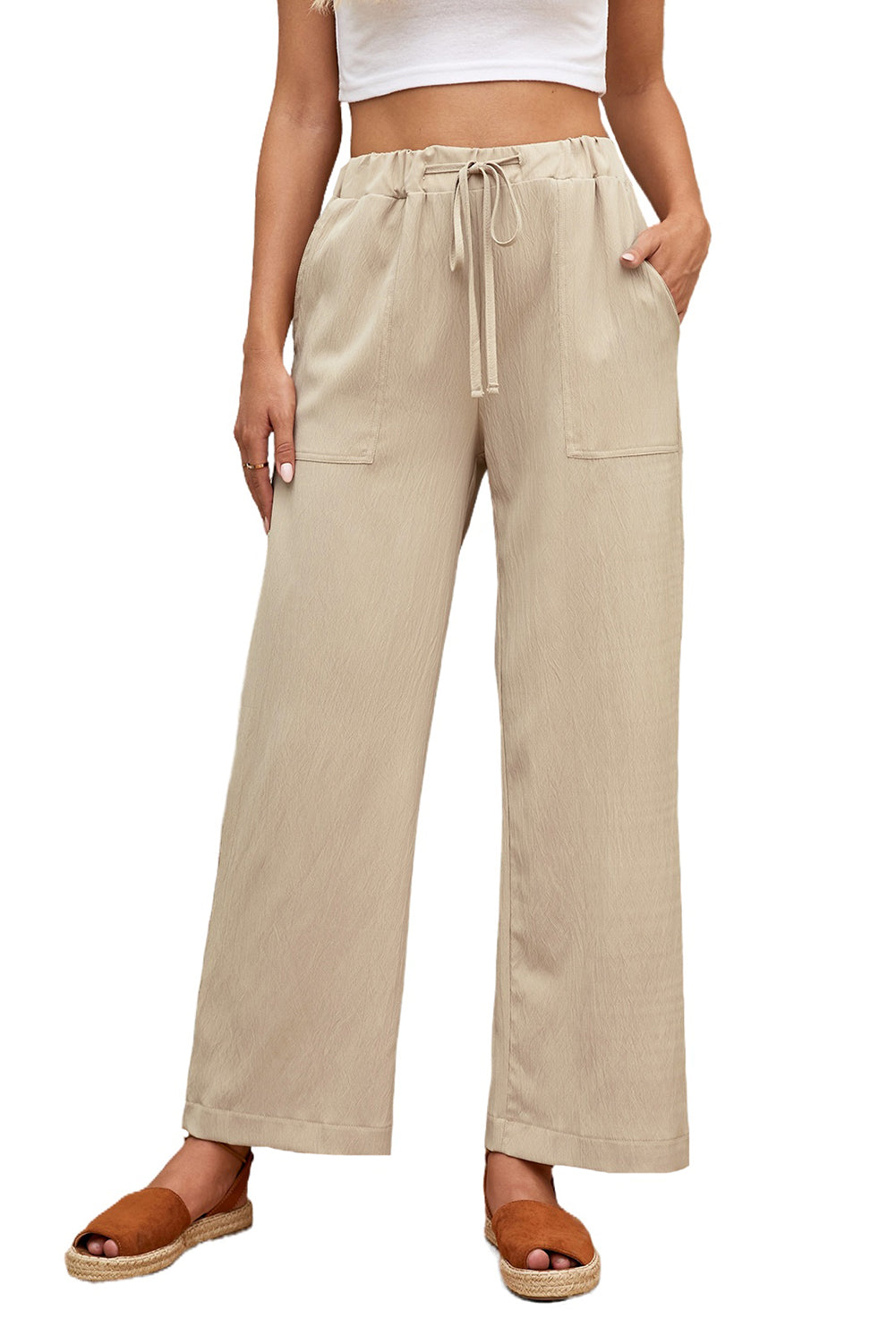 Khaki Drawstring Waist Crinkled Wide Leg Pants - The Daily Makeover