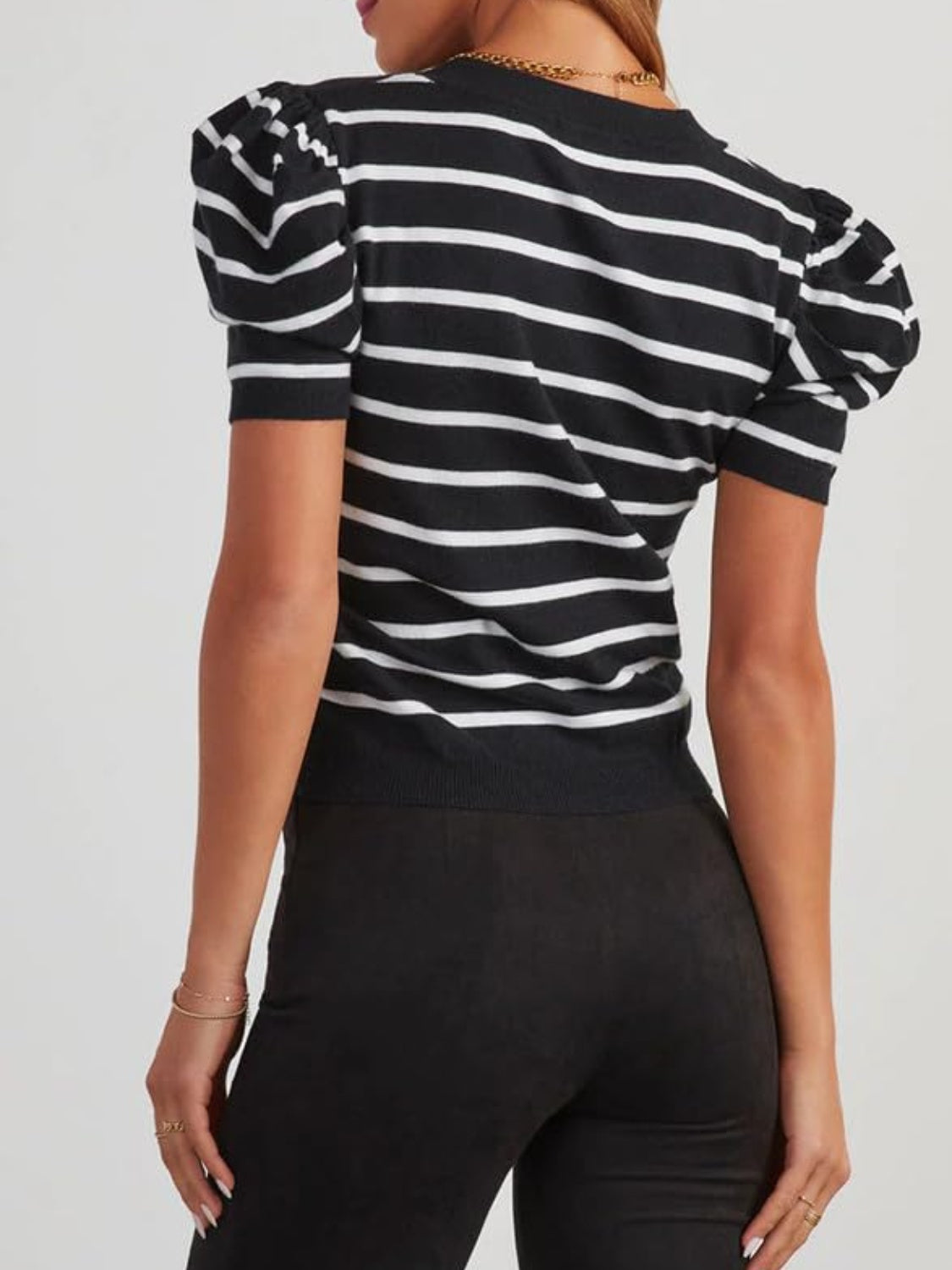 Striped Round Neck Puff Sleeve Knit Top - The Daily Makeover
