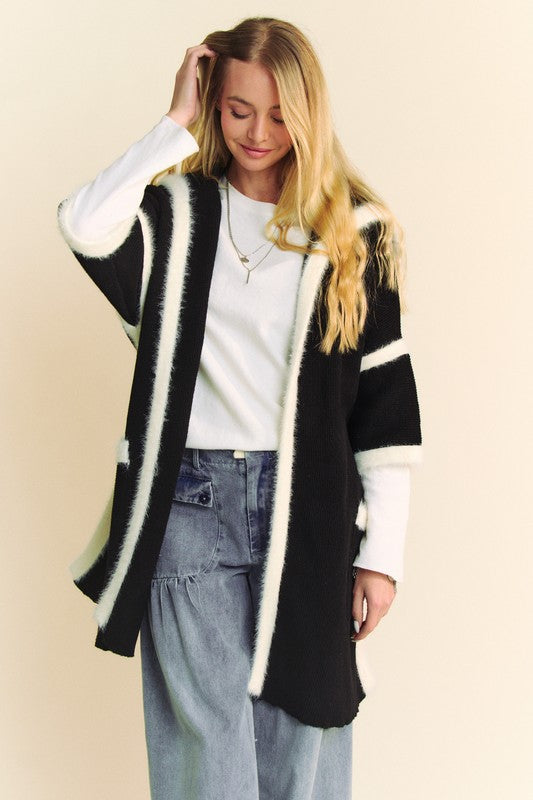Davi & Dani Fuzzy Trim Open Front Loose Fit Cardigan - The Daily Makeover