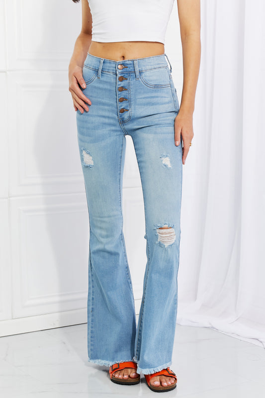 Vibrant MIU Full Size Jess Button Flare Jeans - The Daily Makeover