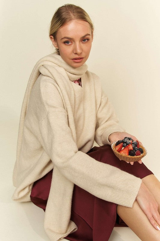Davi & Dani V-Neck Dropped Shoulder Sweater with Scarf - The Daily Makeover