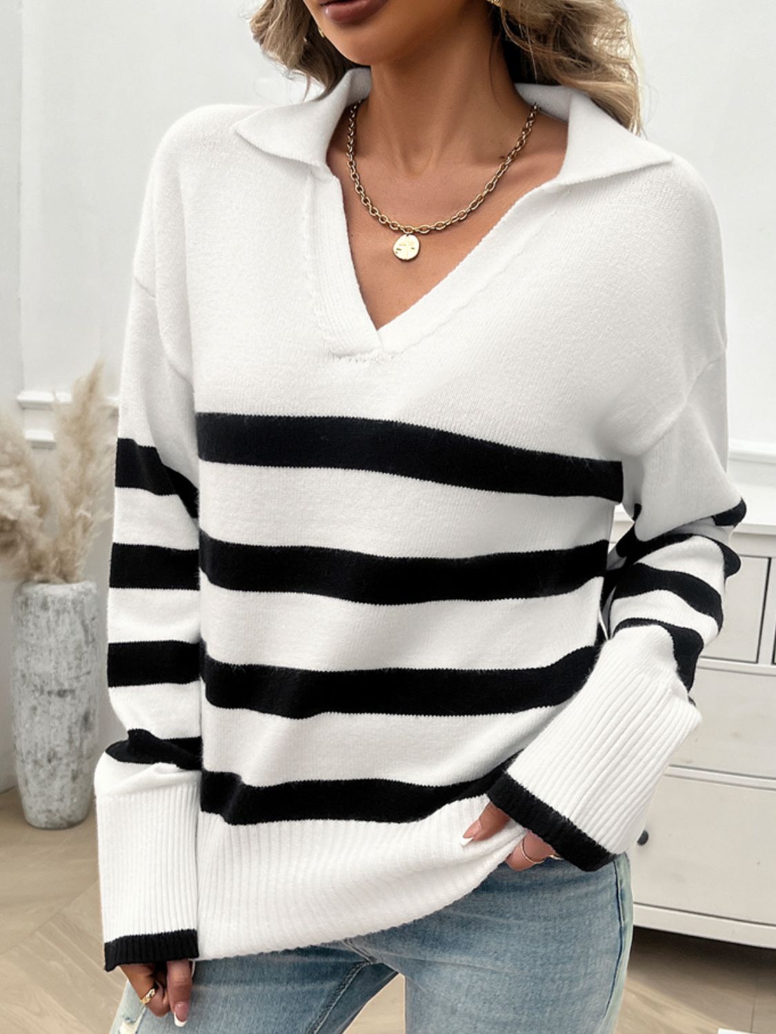 Striped Collared Neck Long Sleeve Sweater - The Daily Makeover