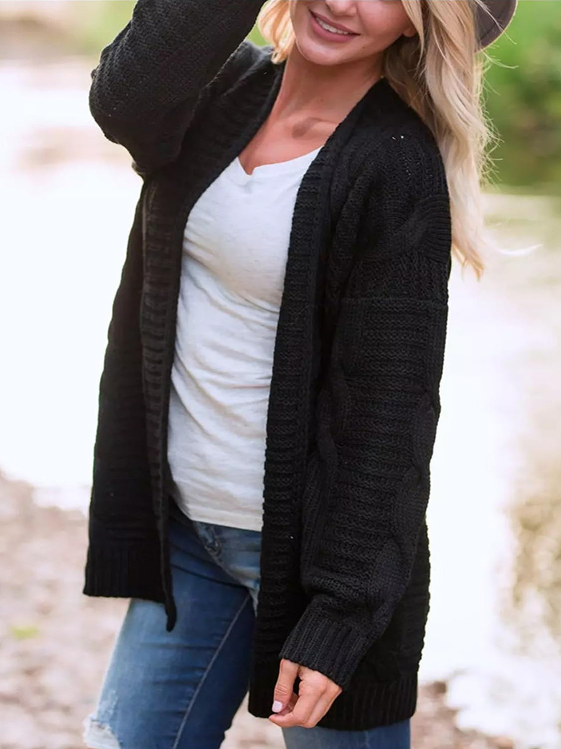 Cable-Knit Open Front Long Sleeve Cardigan - The Daily Makeover