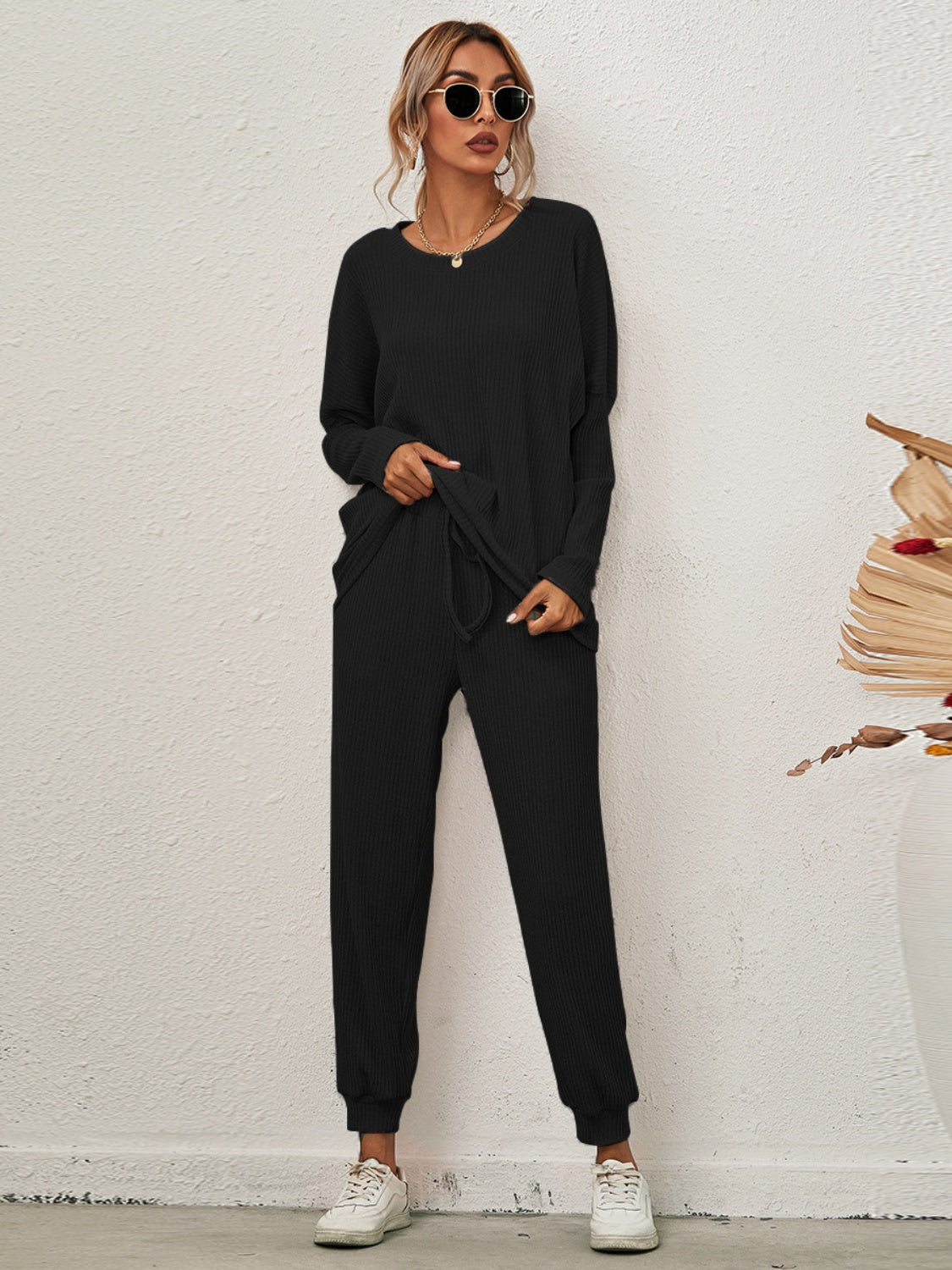 Full Size Round Neck Dropped Shoulder Top and Joggers Lounge Set - The Daily Makeover