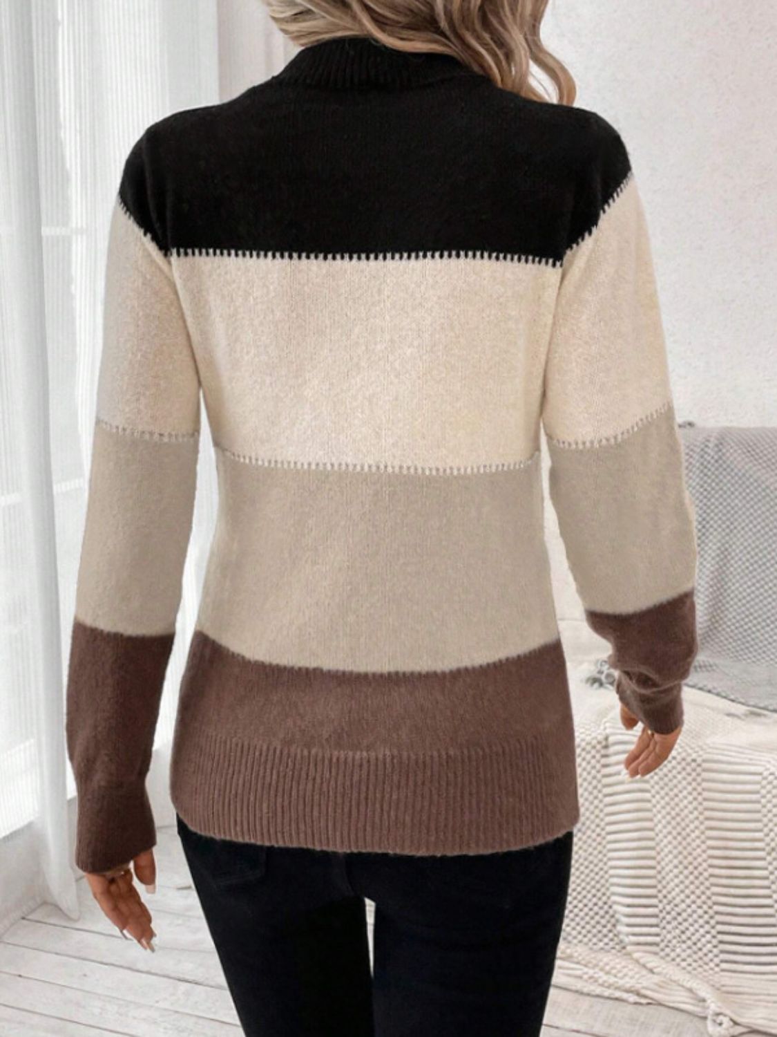 Color Block Mock Neck Long Sleeve Sweater - The Daily Makeover