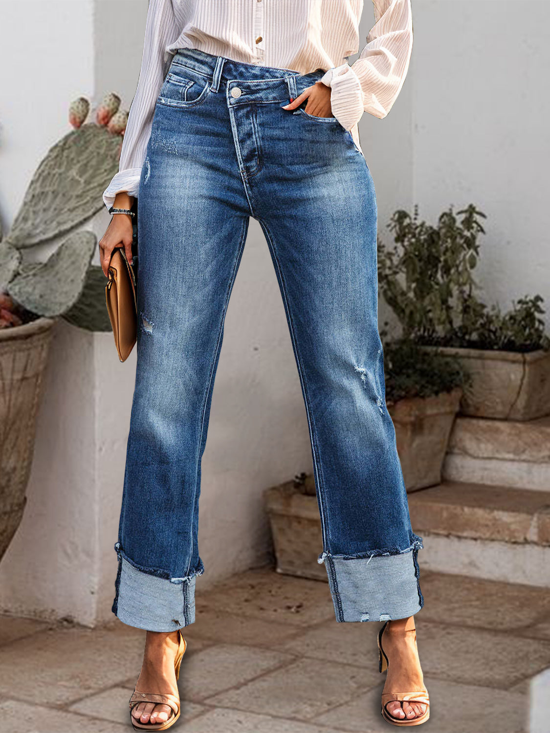 Stepped Waist Raw Hem Rolled Straight Jeans - The Daily Makeover