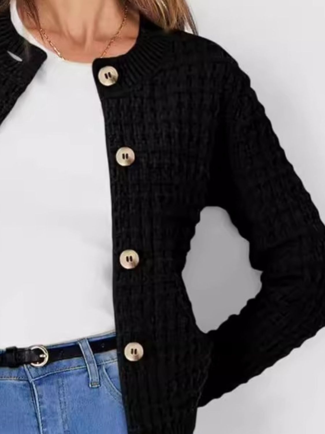 Button Up Round Neck Long Sleeve Cardigan - The Daily Makeover