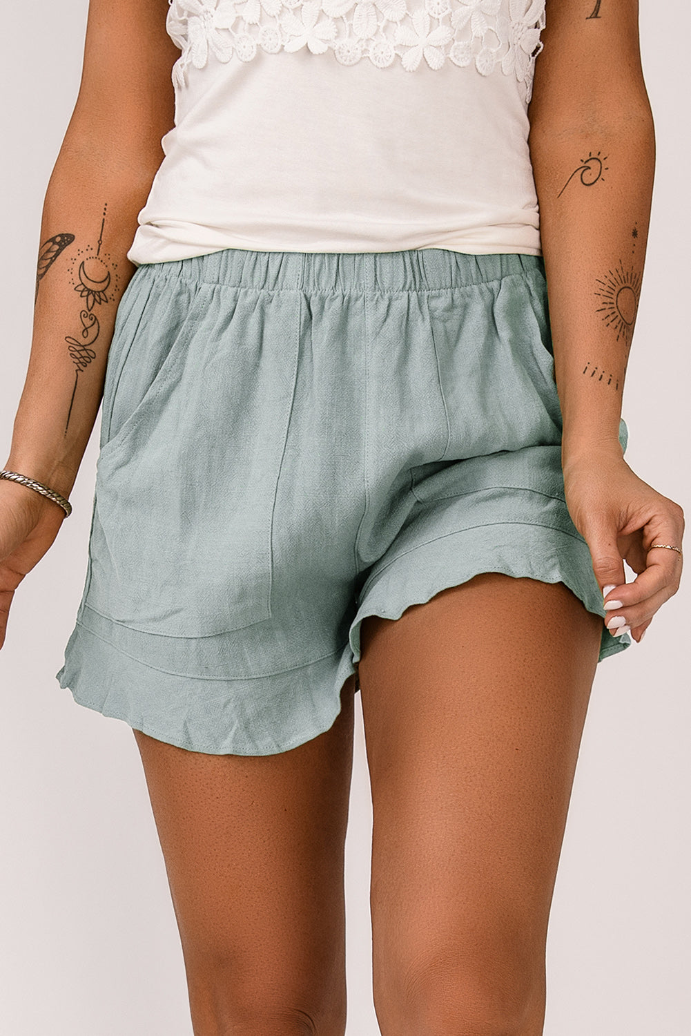 Khaki Casual Pocketed Ruffle High Waist Shorts - The Daily Makeover