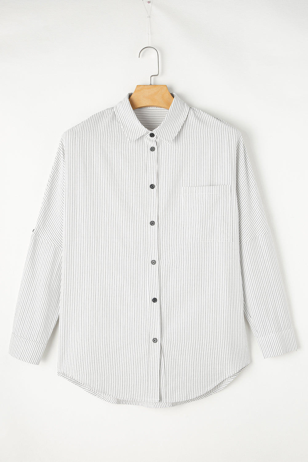 Black Stripe Roll-tab Sleeve Pocketed Tunic Shirt - The Daily Makeover