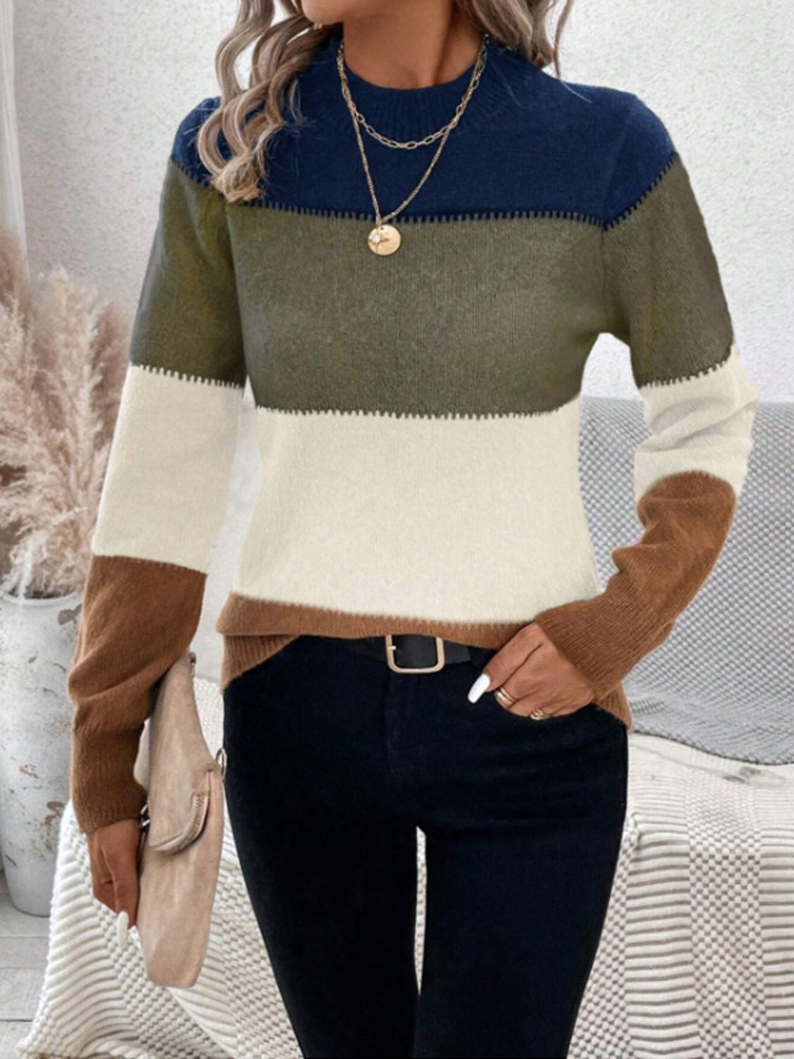 Color Block Mock Neck Long Sleeve Sweater - The Daily Makeover