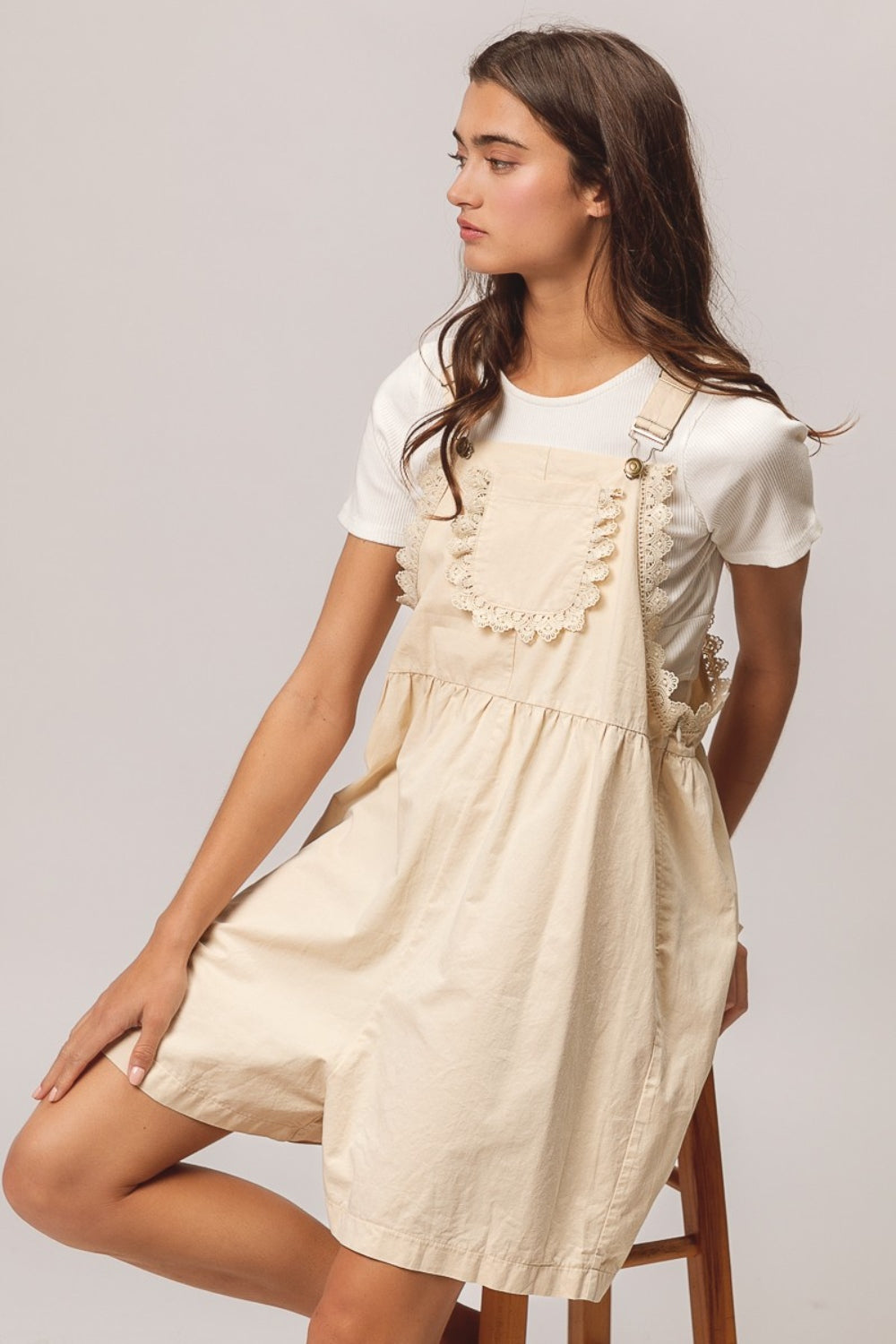 BiBi Back Patch Pocket Lace Trim Rompers - The Daily Makeover
