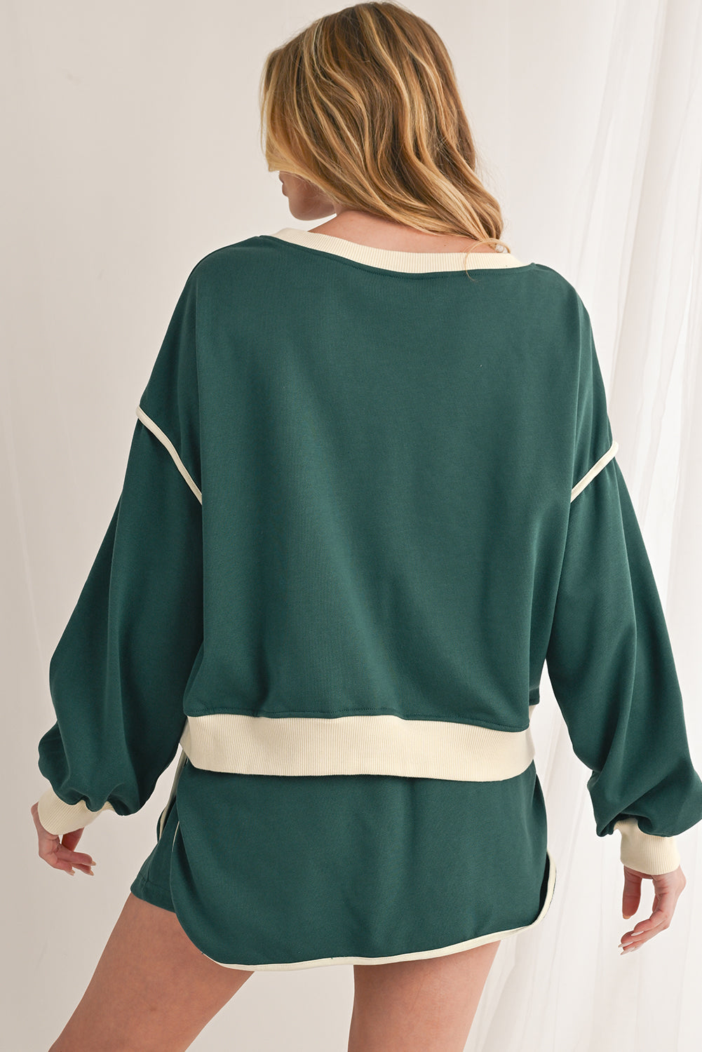 Evergreen Contrast Trim Loose Pullover and Lace-up Waist Skort Set - The Daily Makeover