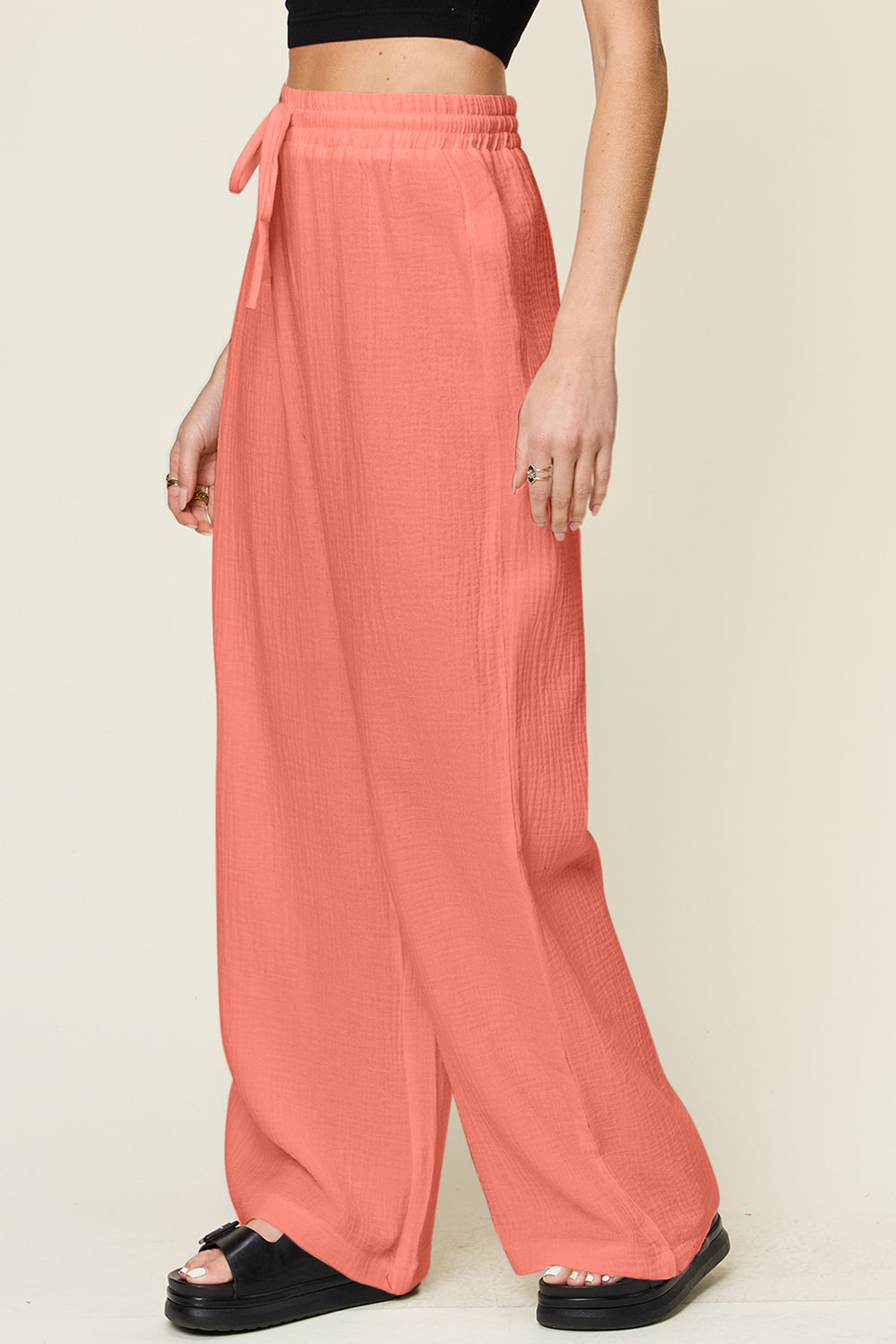 Double Take Full Size Texture Drawstring Wide Leg Pants - The Daily Makeover