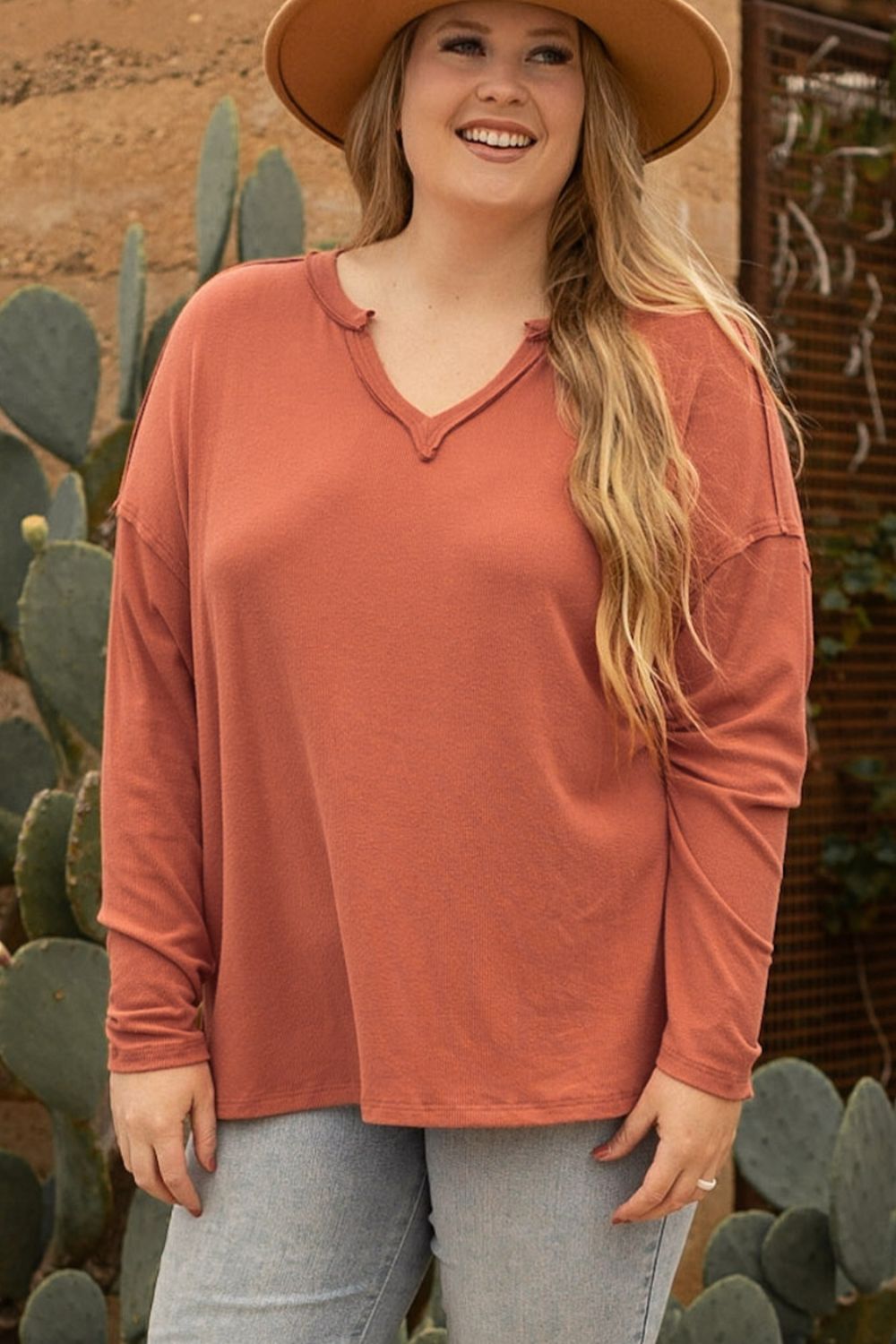 Plus Size Notched Long Sleeve T-Shirt - The Daily Makeover