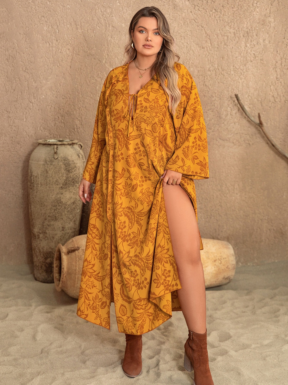 Plus Size Printed Slit Long Sleeve Dress - The Daily Makeover