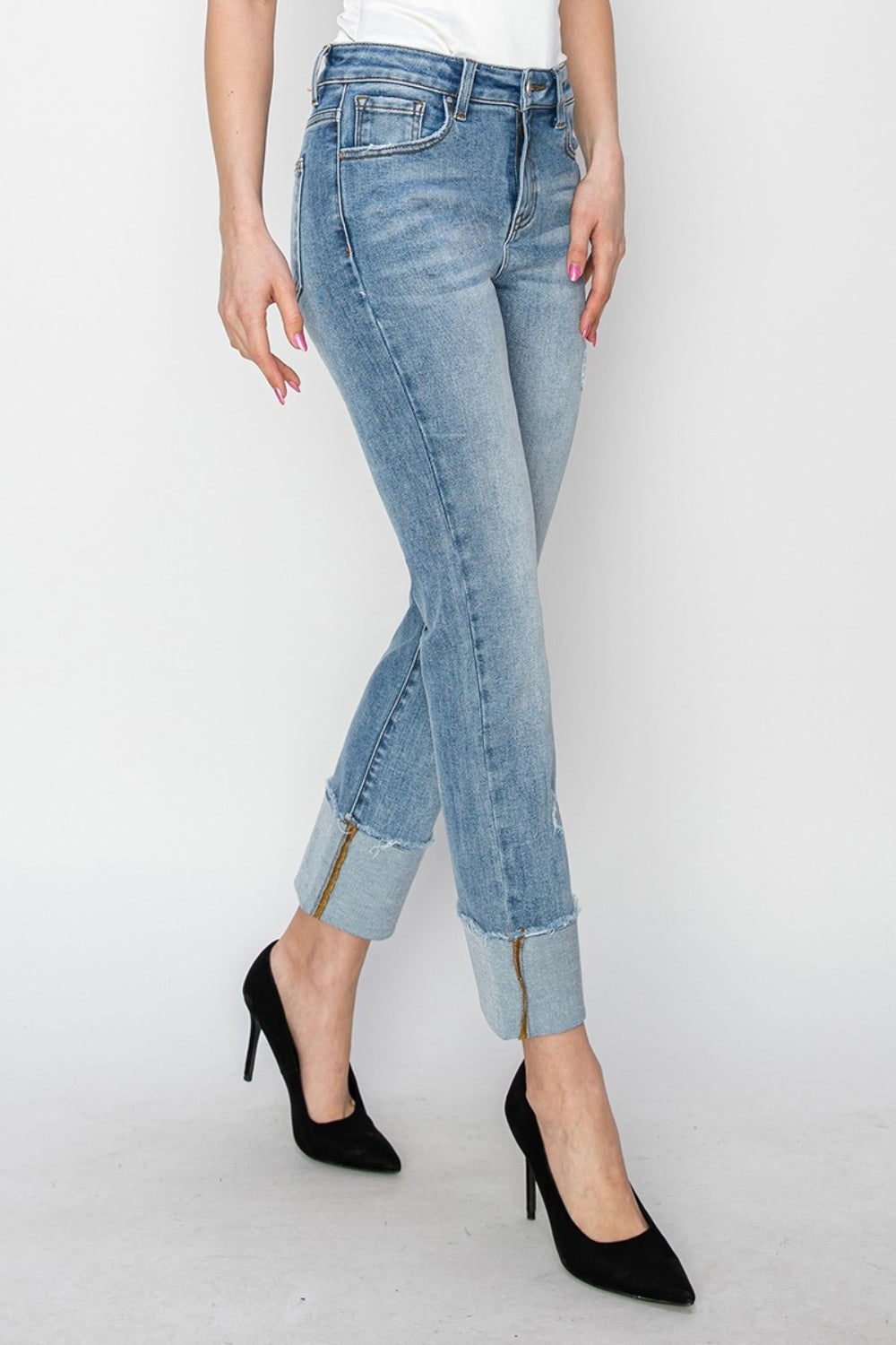 Full Size High Rise Cuffed Slim Straight Jeans - The Daily Makeover