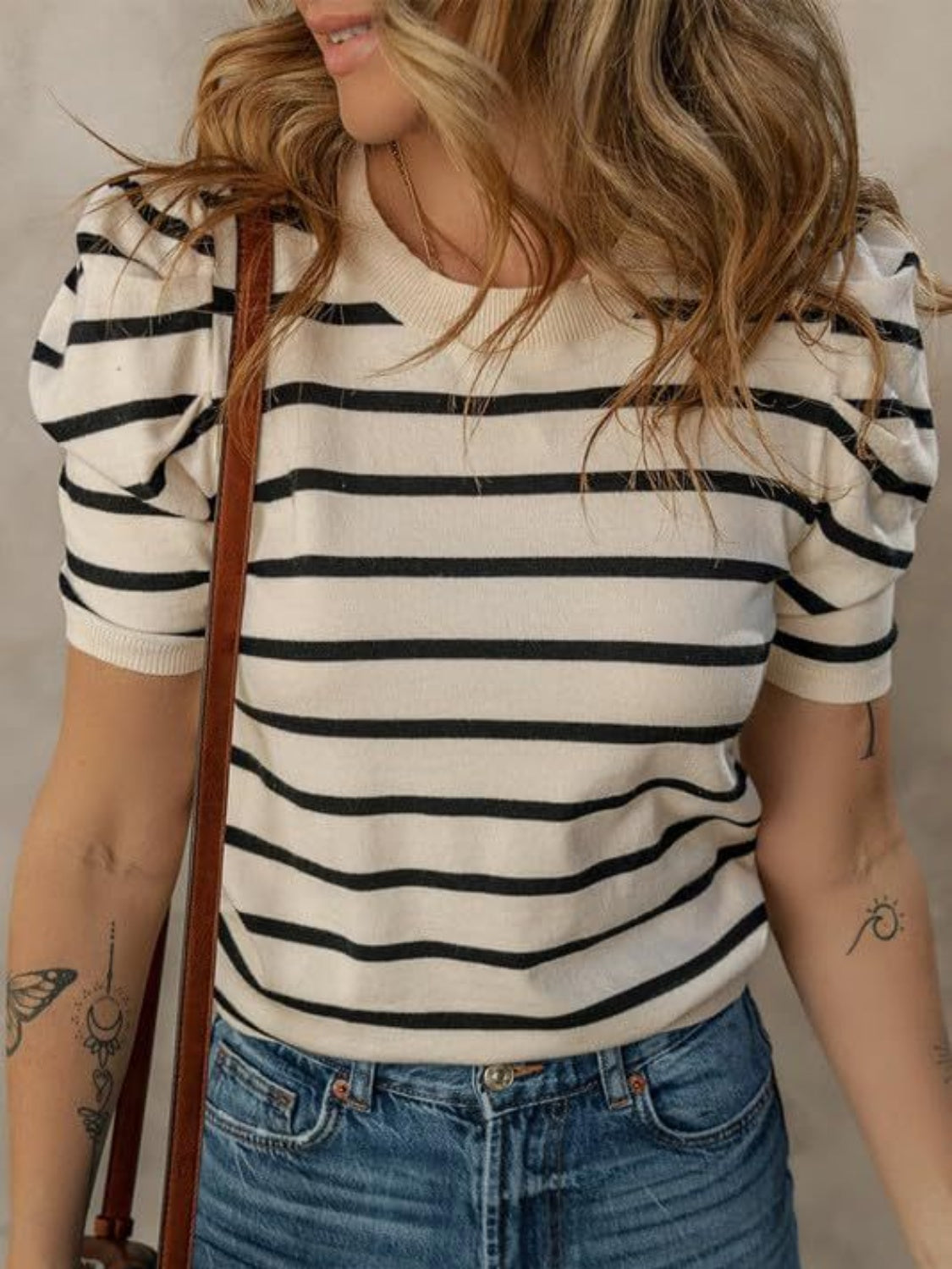 Striped Round Neck Puff Sleeve Knit Top - The Daily Makeover