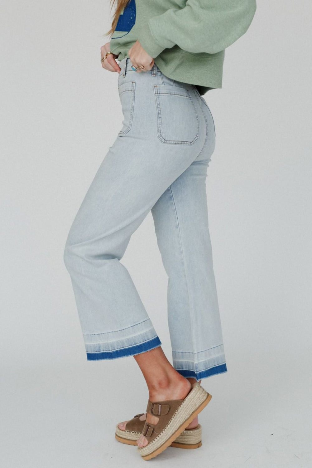 Beau Blue Acid Washed Contrast Hem Pocketed Cropped Jeans - The Daily Makeover