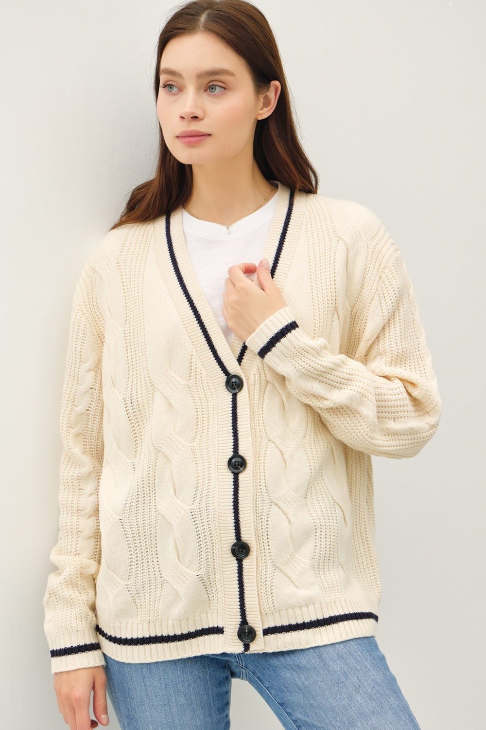 Be Cool Contrast Trim Cable-Knit V-Neck Cardigan - The Daily Makeover