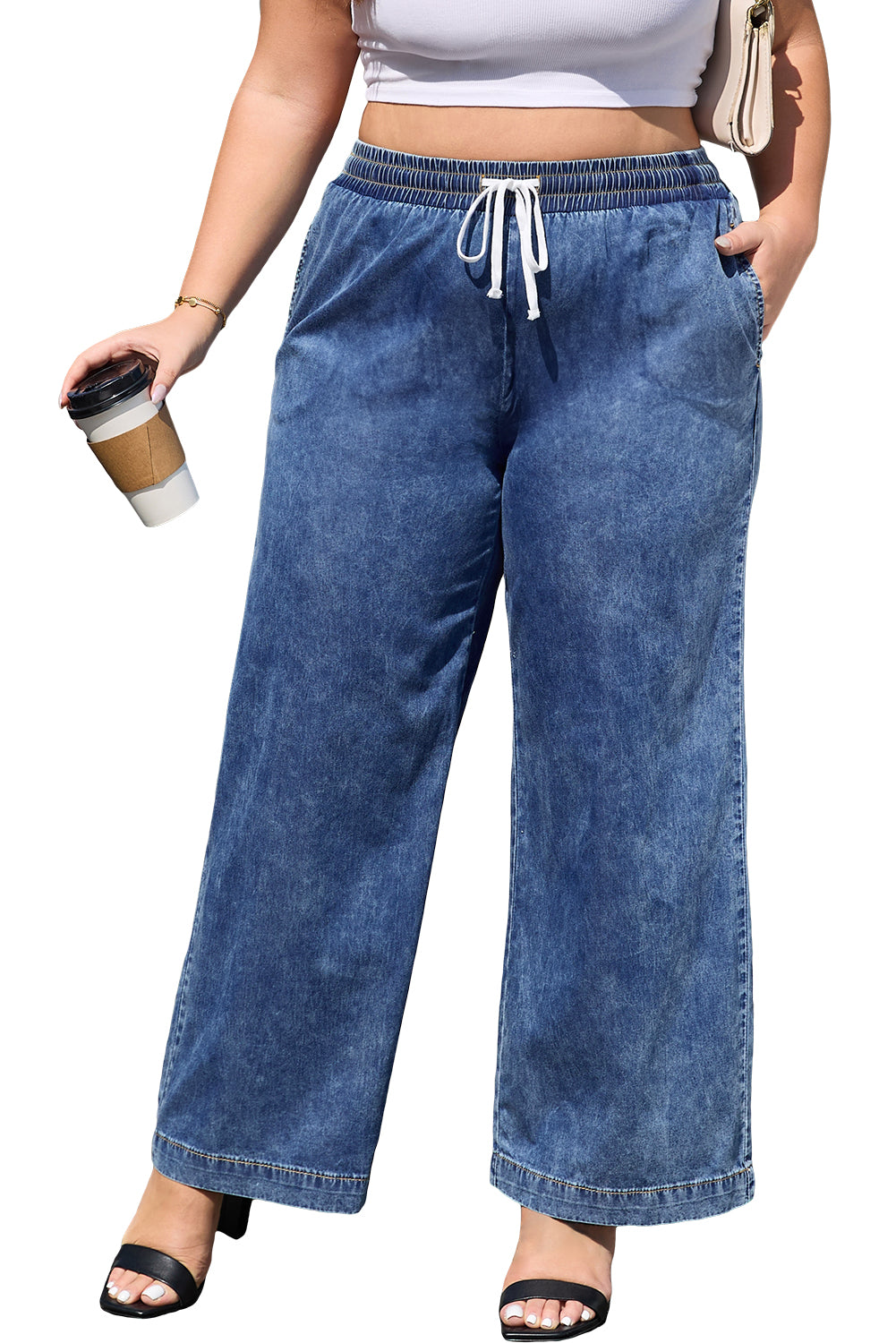 Dusk Blue Drawstring High Waist Plus Size Jeans - The Daily Makeover