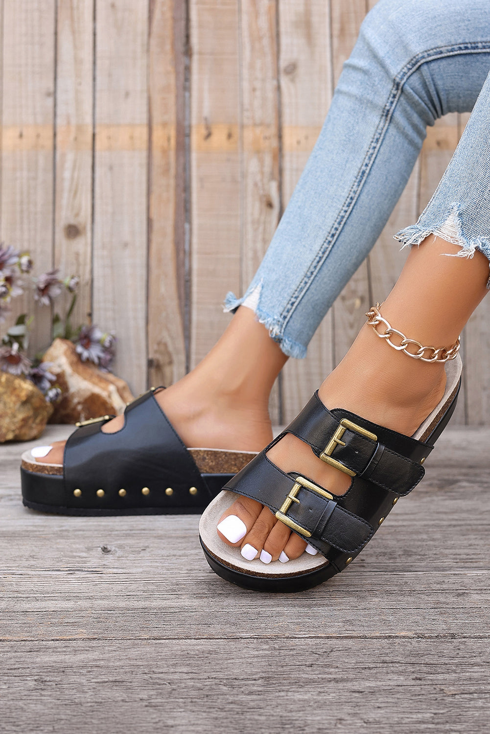 Chestnut Dual Buckle Studded Vintage Platform Slides Shoes - The Daily Makeover