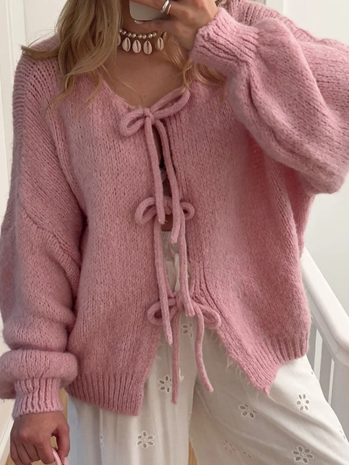 Tied Long Sleeve Dropped Shoulder Cardigan - The Daily Makeover
