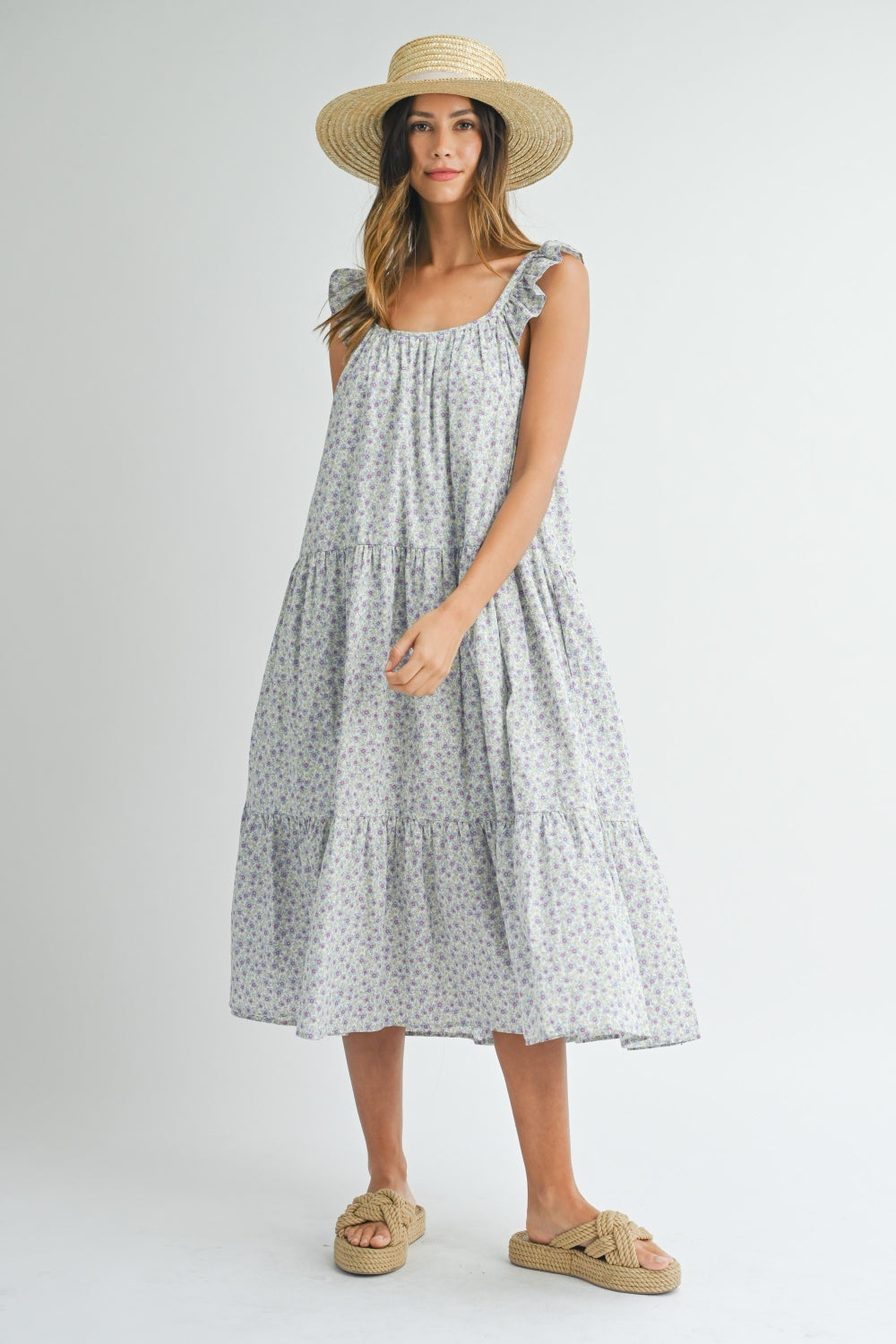 MABLE Floral Ruffle Shoulder Tiered Midi Dress - The Daily Makeover
