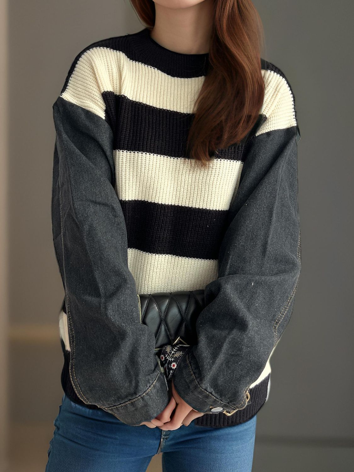 Contrast Round Neck Long Sleeve Sweater - The Daily Makeover