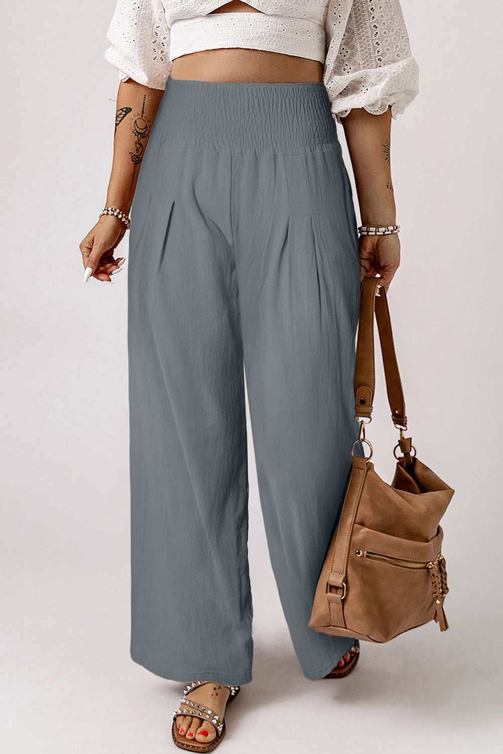 Khaki Smocked Wide Waistband High Waist Wide Leg Pants - The Daily Makeover