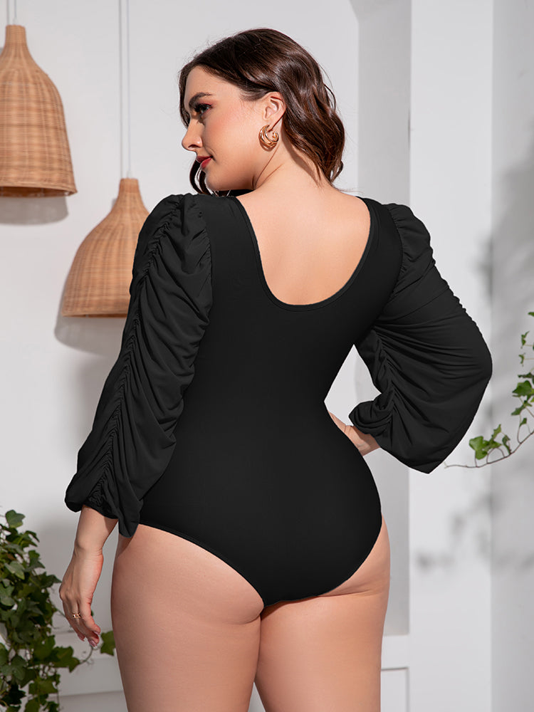 Plus Size Tied Deep V Balloon Sleeve One-Piece Swimsuit - The Daily Makeover