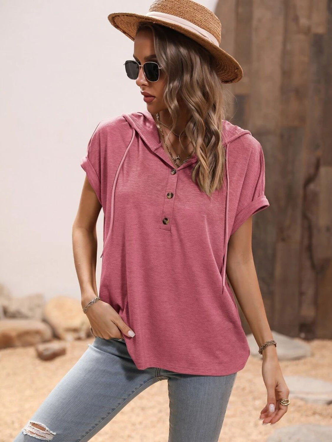 Half Button Hooded Short Sleeve Blouse - The Daily Makeover