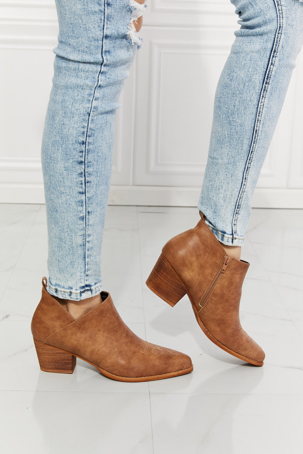 MMShoes Trust Yourself Embroidered Crossover Cowboy Bootie in Caramel - The Daily Makeover