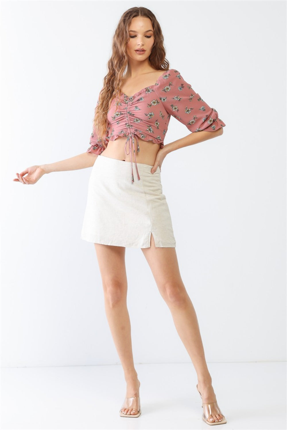 Miss Love / Kevin Co. Floral Ruffle Smocked Back Ruched Crop Top - The Daily Makeover