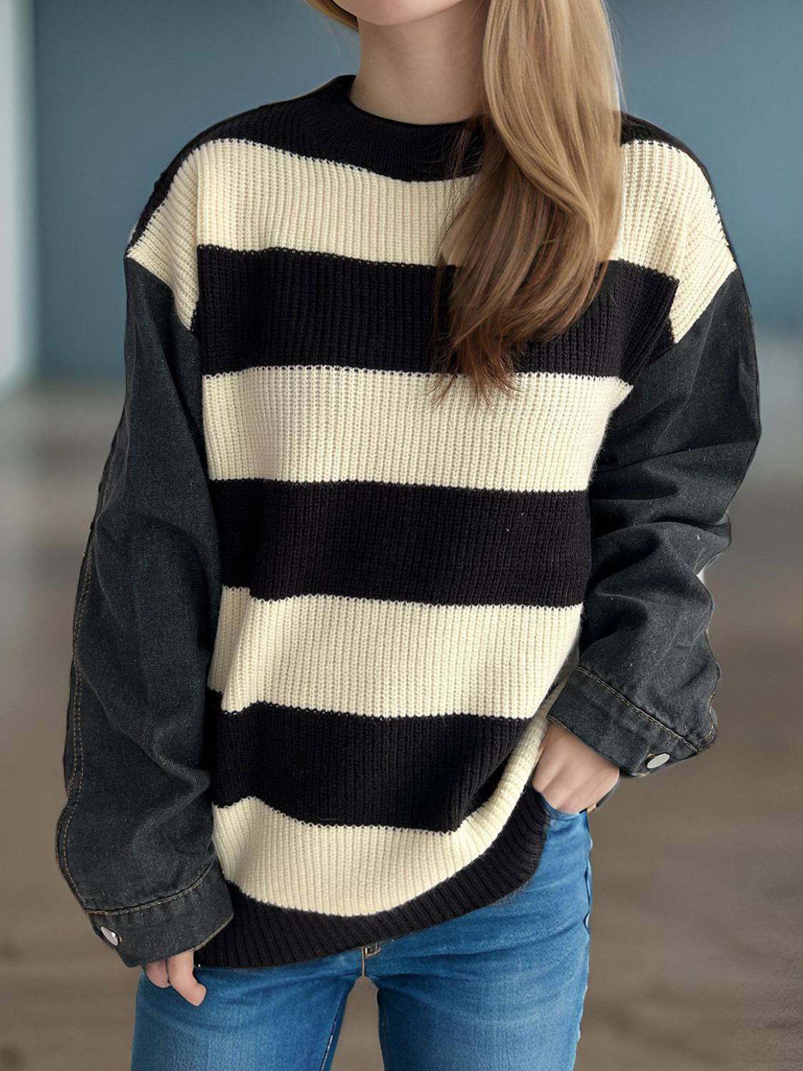 Contrast Round Neck Long Sleeve Sweater - The Daily Makeover